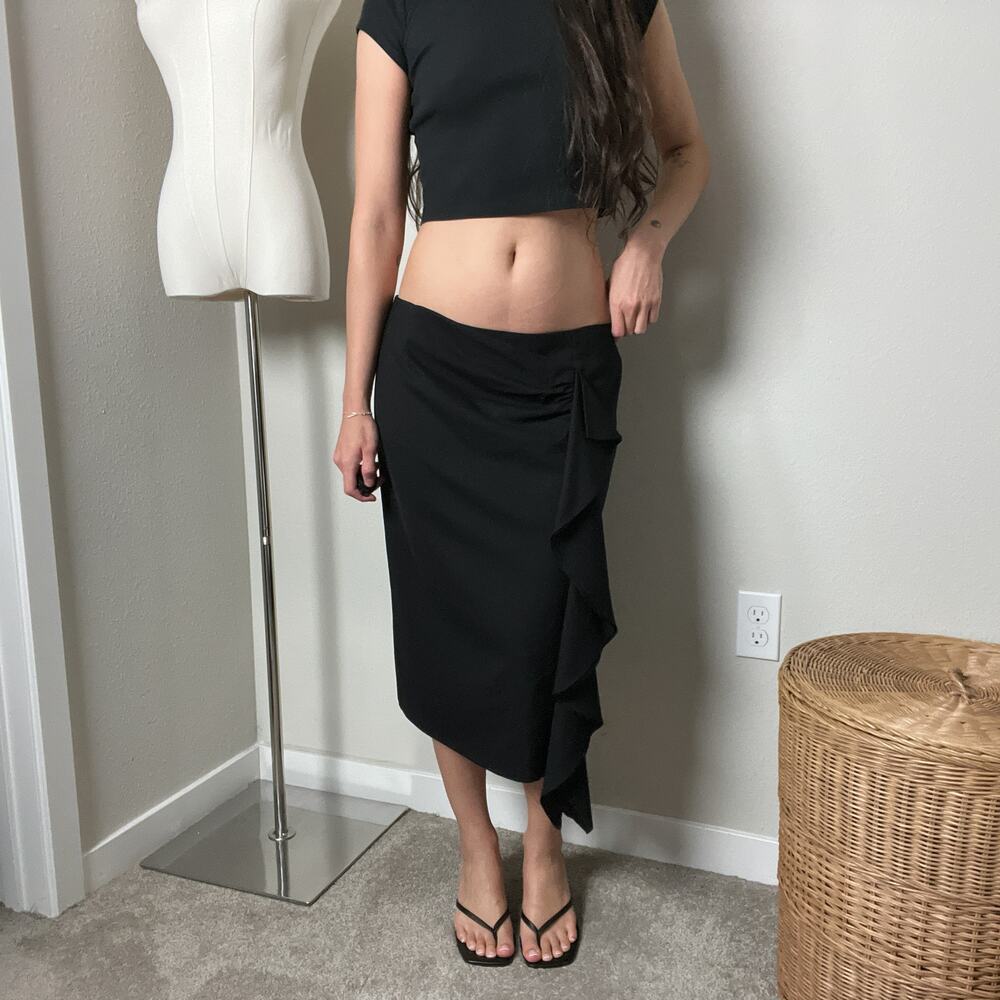 y2k les copains black wool minimalist low rise ruffle pencil midi skirt